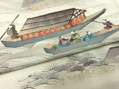 平和屋着物▽訪問着 単衣 手描き 人物風景文 暈し染め 金銀彩 正絹 逸品 AAAZ1469fy