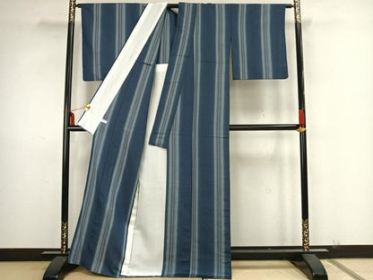 平和屋着物▽上質な紬 単衣 縞 正絹 逸品 AAAZ1493fy