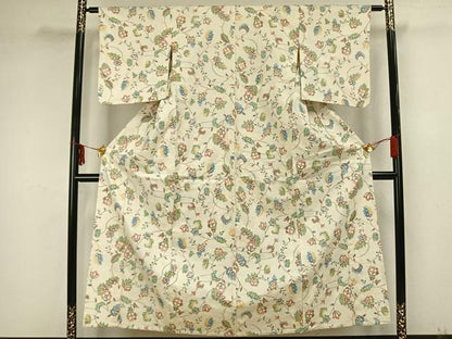 平和屋着物▽上質な紬 単衣 草花文 正絹 逸品 AAAZ1511fy