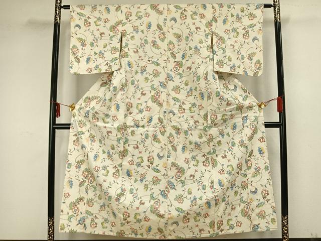 平和屋着物▽上質な紬 単衣 草花文 正絹 逸品 AAAZ1511fy