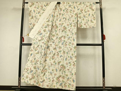 平和屋着物▽上質な紬 単衣 草花文 正絹 逸品 AAAZ1511fy