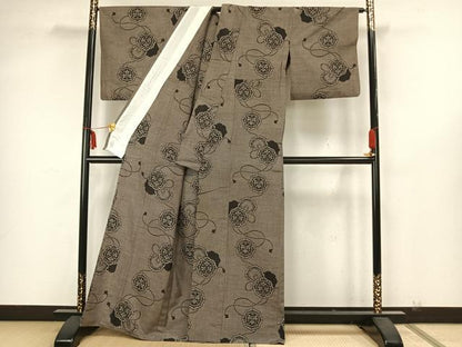 平和屋着物▽上質な紬　単衣　吉祥花文　正絹　逸品　AAAZ1514fy