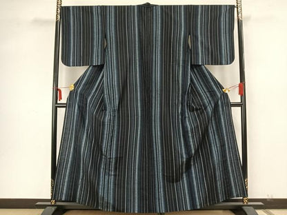 平和屋着物▽上質な紬　単衣　縞　正絹　逸品　AAAZ1516fy