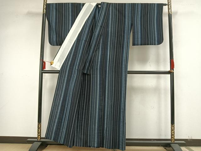 平和屋着物▽上質な紬　単衣　縞　正絹　逸品　AAAZ1516fy