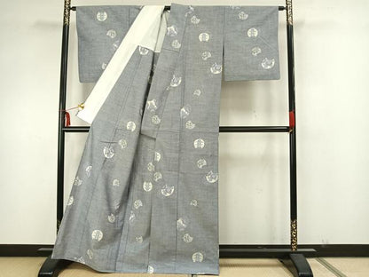 平和屋着物▽上質な紬　単衣　地紙花文　正絹　逸品　AAAZ1518fy