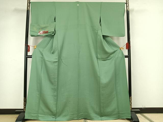 平和屋着物▽上質な色無地　単衣　若緑色　丹後ちりめん　反端付き　正絹　逸品　AAAZ1520fy