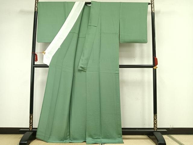 平和屋着物▽上質な色無地　単衣　若緑色　丹後ちりめん　反端付き　正絹　逸品　AAAZ1520fy