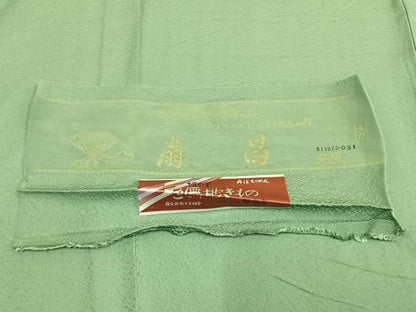 平和屋着物▽上質な色無地　単衣　若緑色　丹後ちりめん　反端付き　正絹　逸品　AAAZ1520fy