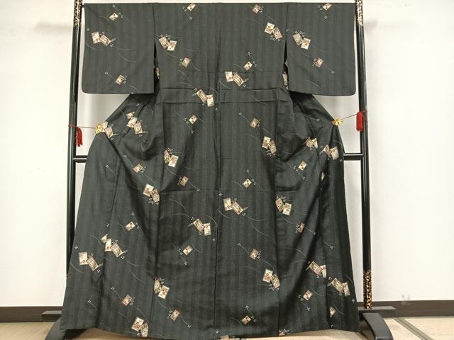 平和屋着物▽小紋 単衣 色紙草花文 黒地 洗える着物 AAAZ1532fy