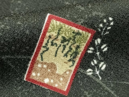 平和屋着物▽小紋 単衣 色紙草花文 黒地 洗える着物 AAAZ1532fy