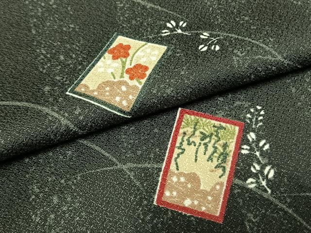 平和屋着物▽小紋 単衣 色紙草花文 黒地 洗える着物 AAAZ1532fy