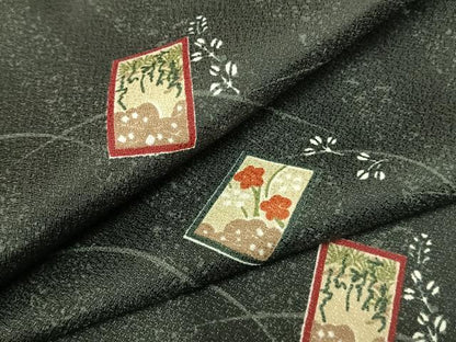 平和屋着物▽小紋 単衣 色紙草花文 黒地 洗える着物 AAAZ1532fy