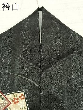 平和屋着物▽小紋 単衣 色紙草花文 黒地 洗える着物 AAAZ1532fy