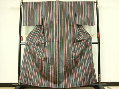 平和屋着物▽上質な紬　単衣　縞　正絹　逸品　AAAZ1533fy