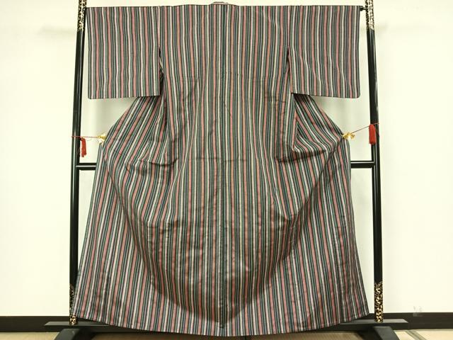 平和屋着物▽上質な紬　単衣　縞　正絹　逸品　AAAZ1533fy