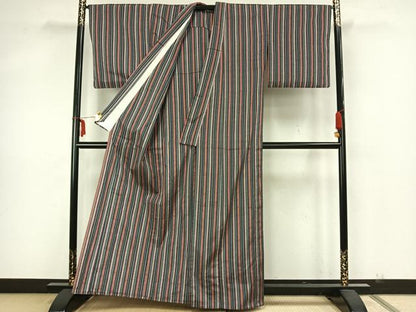 平和屋着物▽上質な紬　単衣　縞　正絹　逸品　AAAZ1533fy