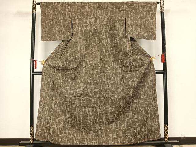 平和屋着物▽上質な紬 単衣 幾何学文様 三越扱い 正絹 逸品 AAAZ1545fy