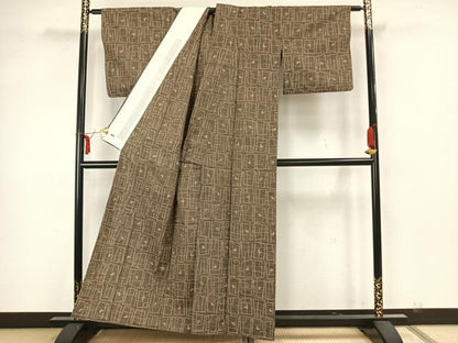 平和屋着物▽上質な紬 単衣 幾何学文様 三越扱い 正絹 逸品 AAAZ1545fy