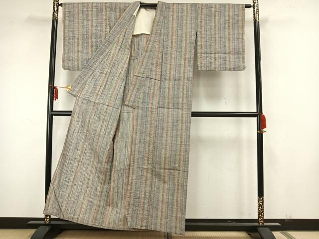 平和屋着物▽上質な紬　単衣　縞　正絹　逸品　AAAZ1552fy