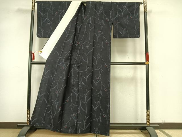 平和屋着物▽上質な紬 単衣 草花文 正絹 逸品 AAAZ1557fy