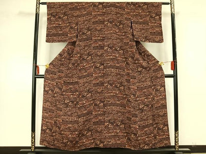 平和屋着物▽上質な小紋 単衣 横段文 鬼しぼ縮緬 正絹 逸品 AAAZ1569fy