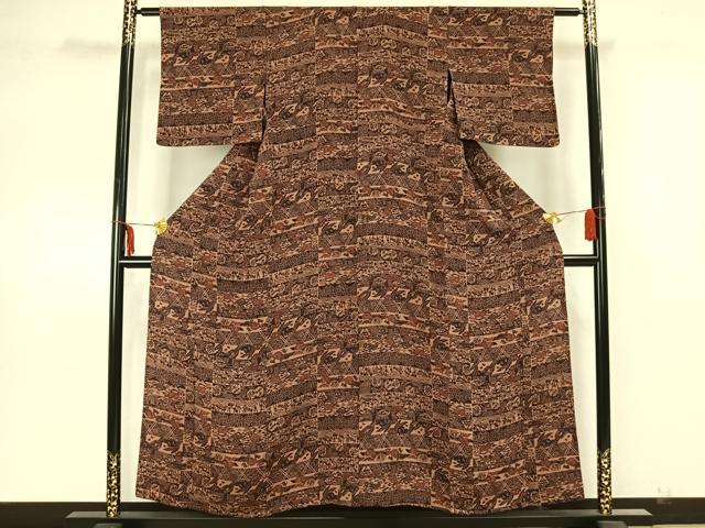 平和屋着物▽上質な小紋 単衣 横段文 鬼しぼ縮緬 正絹 逸品 AAAZ1569fy
