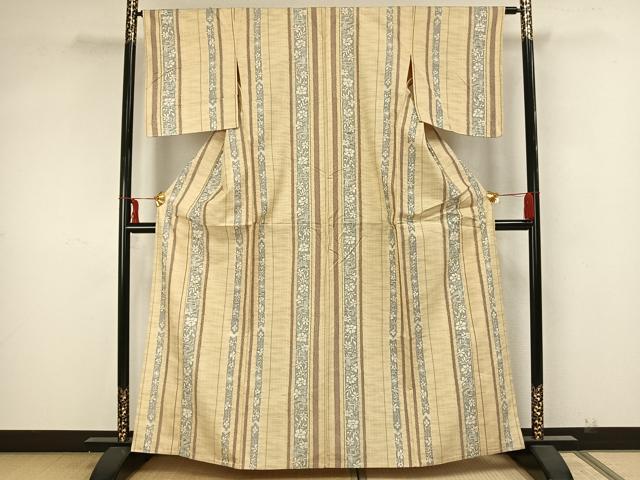 平和屋着物▽上質な紬　単衣　草花間道　正絹　逸品　AAAZ1572fy