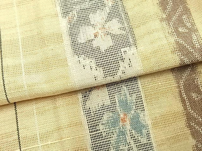 平和屋着物▽上質な紬　単衣　草花間道　正絹　逸品　AAAZ1572fy