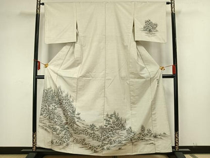 平和屋着物▽訪問着　単衣　本場縞大島紬　作家物　手描き　風景文　暈し染め　正絹　逸品　AAAZ1582fy