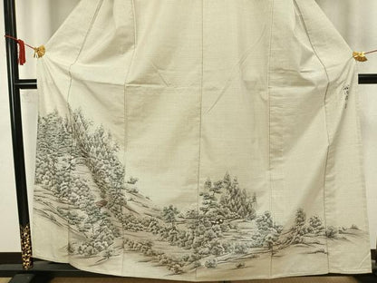 平和屋着物▽訪問着　単衣　本場縞大島紬　作家物　手描き　風景文　暈し染め　正絹　逸品　AAAZ1582fy