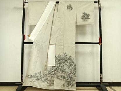 平和屋着物▽訪問着　単衣　本場縞大島紬　作家物　手描き　風景文　暈し染め　正絹　逸品　AAAZ1582fy