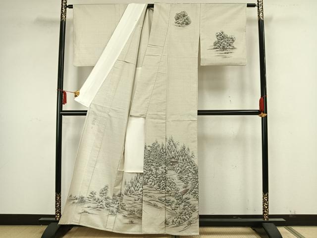 平和屋着物▽訪問着　単衣　本場縞大島紬　作家物　手描き　風景文　暈し染め　正絹　逸品　AAAZ1582fy