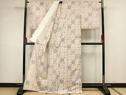 平和屋着物▽上質な紬 単衣 色紙亀甲文様 正絹 逸品 AAAZ1586fy