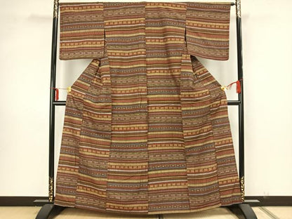 平和屋着物▽上質な紬　単衣　横段文　正絹　逸品　AAAZ1587fy