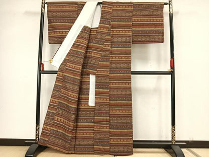 平和屋着物▽上質な紬　単衣　横段文　正絹　逸品　AAAZ1587fy
