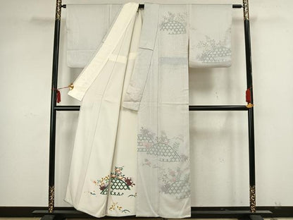平和屋着物▽訪問着 無双 紗袷 紗×絽 手描き 草花文 正絹 逸品 AAAZ1594fy