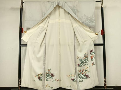 平和屋着物▽訪問着 無双 紗袷 紗×絽 手描き 草花文 正絹 逸品 AAAZ1594fy
