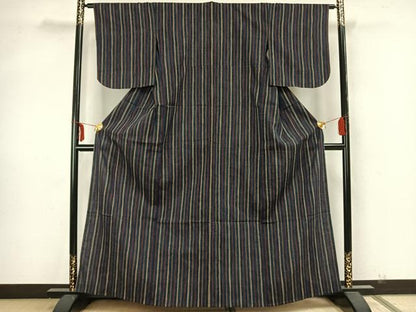 平和屋着物▽上質な紬 単衣 縞 正絹 逸品 AAAZ1605fy