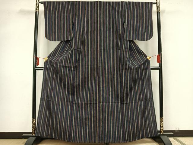 平和屋着物▽上質な紬 単衣 縞 正絹 逸品 AAAZ1605fy