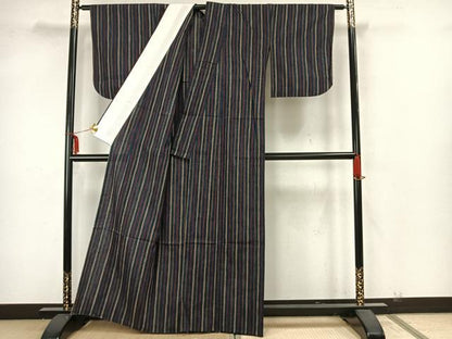 平和屋着物▽上質な紬 単衣 縞 正絹 逸品 AAAZ1605fy