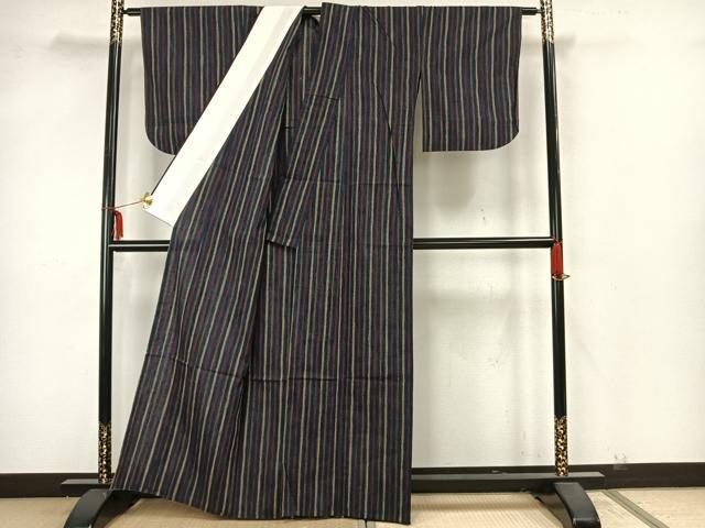 平和屋着物▽上質な紬 単衣 縞 正絹 逸品 AAAZ1605fy