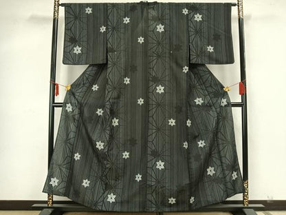平和屋着物▽小紋　単衣　麻の葉文様　黒地　洗える着物　AAAZ1610fy