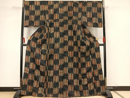 平和屋着物▽小紋　単衣　市松文様　洗える着物　AAAZ1638fy