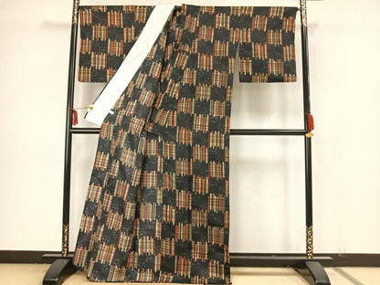 平和屋着物▽小紋　単衣　市松文様　洗える着物　AAAZ1638fy