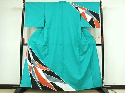 平和屋着物▽訪問着 単衣 幾何学文様 洗える着物 AAAZ1641fy