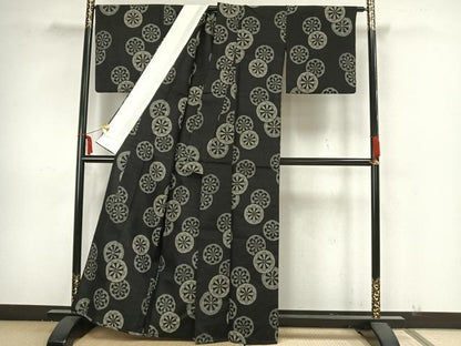 平和屋着物▽上質な紬 単衣 源氏車文 正絹 逸品 AAAZ1649fy