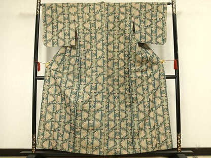 平和屋着物▽上質な紬　単衣　草花文　正絹　逸品　AAAZ1653fy