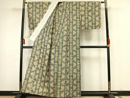 平和屋着物▽上質な紬　単衣　草花文　正絹　逸品　AAAZ1653fy