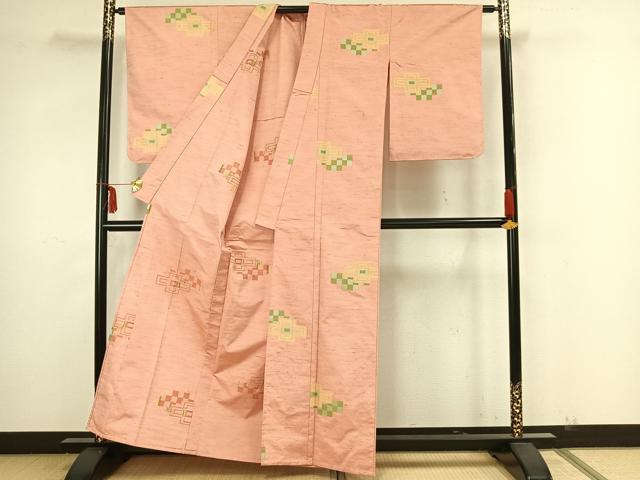 平和屋着物▽上質な紬 単衣 幾何学文 正絹 逸品 未使用 AAAZ1657fy