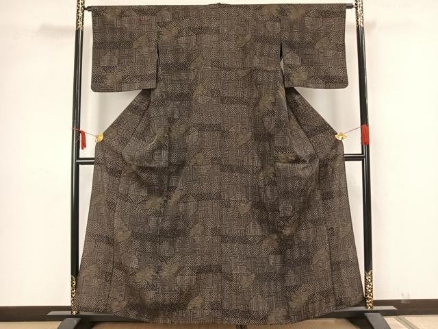 平和屋着物▽本塩沢 単衣 舞葉横段文 正絹 逸品 AAAZ1674fy
